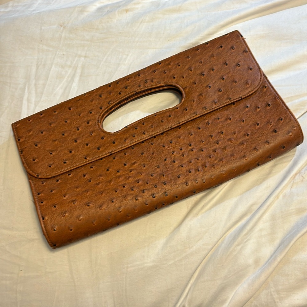 Brown faux ostrich fold over clutch